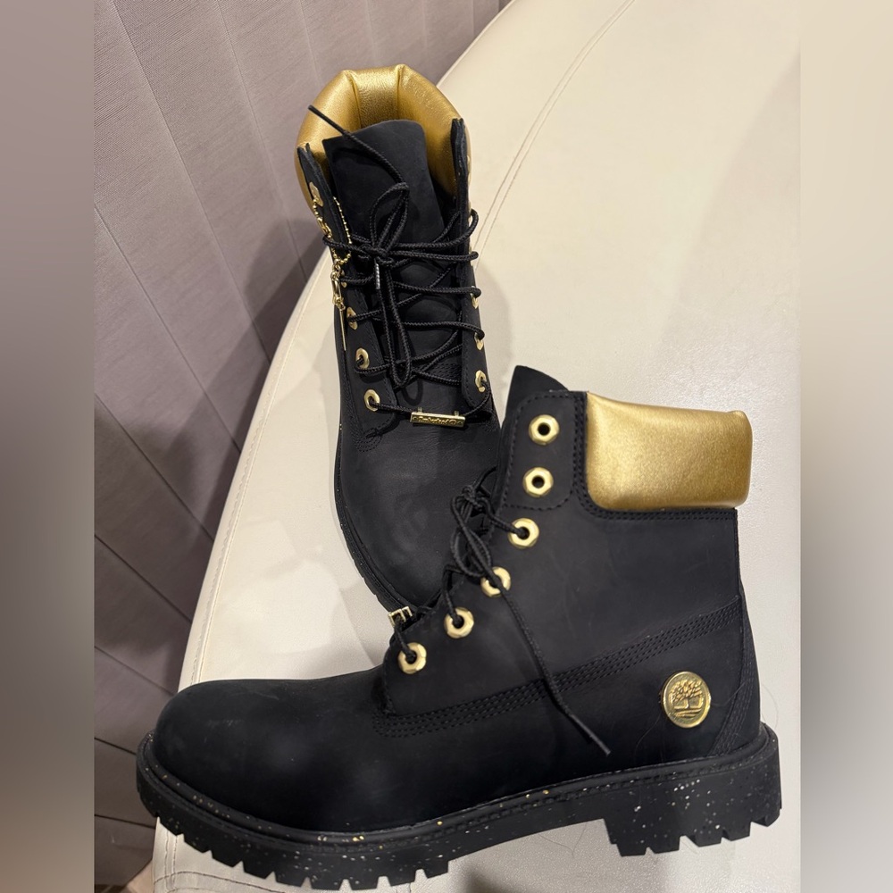 Women’s Black and Gold Lace-Up Work Boots - Picture 2 of 7
